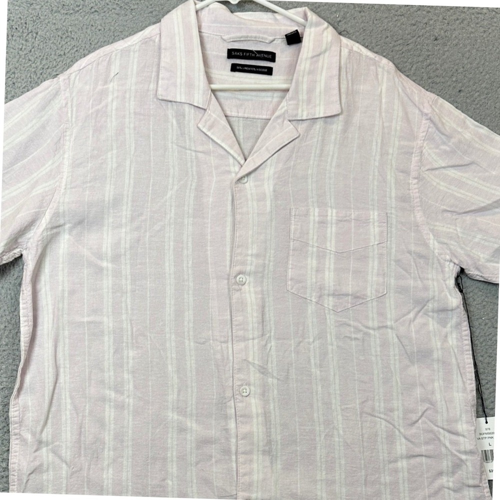 NEW Saks Fifth Avenue Shirt Mens Large Linen Blend Pink White Stripe Button Up